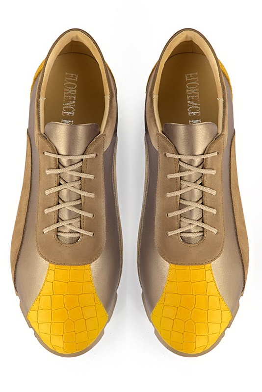 Mustard yellow, bronze gold and chocolate brown women's two-tone elegant sneakers. Round toe. Flat rubber soles. Top view - Florence KOOIJMAN